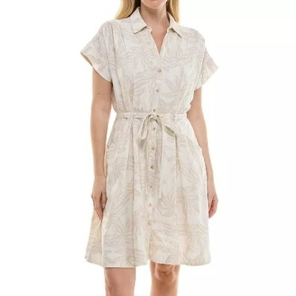 Taylor Leaf Print Sash Tie A Line Cream Collared Button Front Dress Womens 4